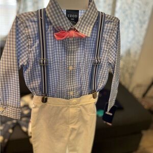 Izod Kids Blue Checkered Shirt with Suspenders and Pink Bow Tie